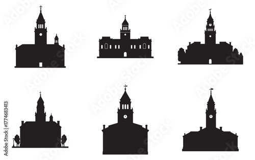 Silhouetted Architectural Landmarks A Collection of Historical Buildings Churches and Town Halls Depicted in Black on White Background