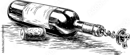 Vintage wine corkscrew and bottle engraving - retro design for print and decor