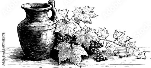Vintage engraving of ancient amphora with vine leaves for retro design projects