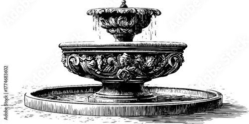 Vintage engraved stone fountain with water basin design for retro decor and art projects