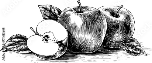 Vintage apple composition with slice and geometric sun rays for design