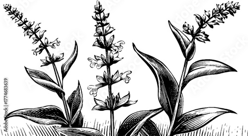 Vintage engraved blooming sage with curved leaves - nature illustration for design