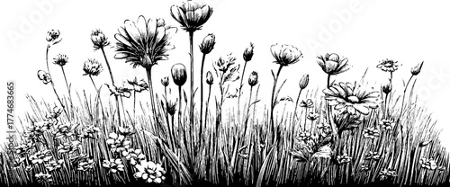 Blooming spring meadow with wildflowers for vintage design and decoration