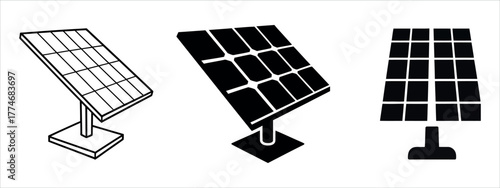 Essential Outline Silhouette Solar Panel Icon Set. Isolated vector graphics representing Renewable Energy, Sustainability, Ecology, Green Technology, and Solar Power concepts on a white background.