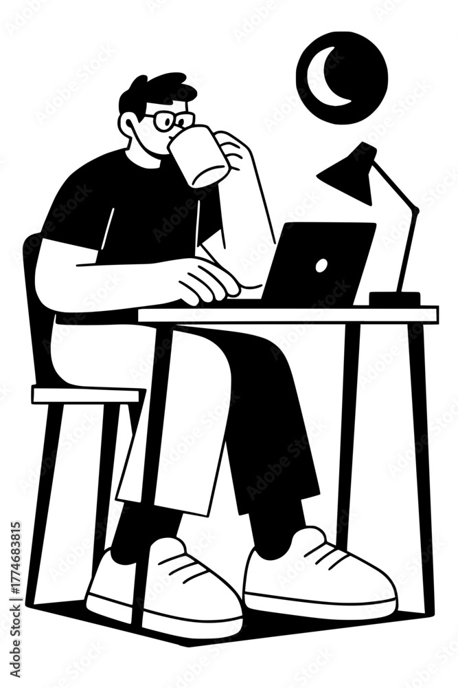 custom made wallpaper toronto digitalMan working on laptop at night, drinking coffee, monochrome illustration