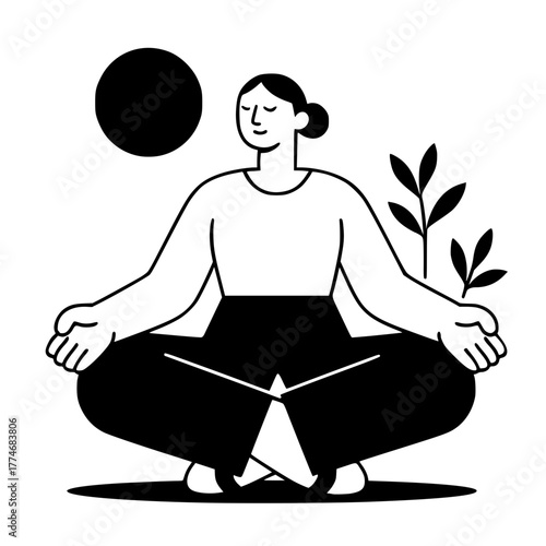 Woman meditating in lotus position with sun and plants illustration