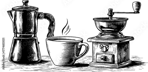 Vintage coffee art with pot, grinder, and steaming mug for cafe decor