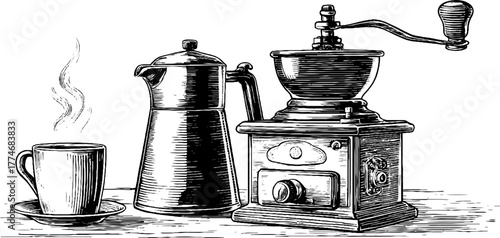 Vintage coffee pot, grinder, and steaming mug - retro engraving design for cafes and kitchen decor