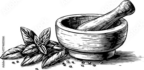 Vintage herbal remedy design featuring mortar and pestle with fresh herbs for natural healing concepts