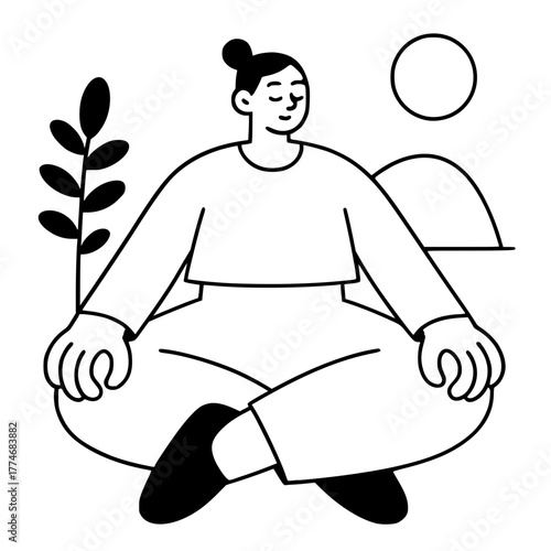 Meditating woman in lotus position with sun and mountain illustration