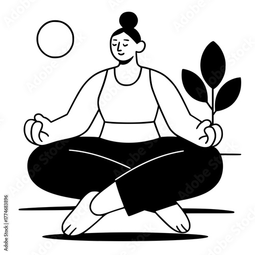 Woman meditating in lotus position with plant, sun, and closed eyes