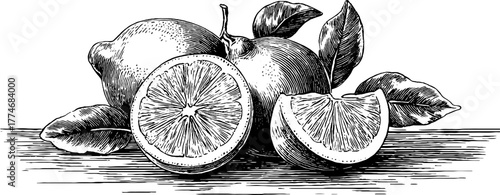 Vintage lemon composition with sliced citrus and leaves for retro design