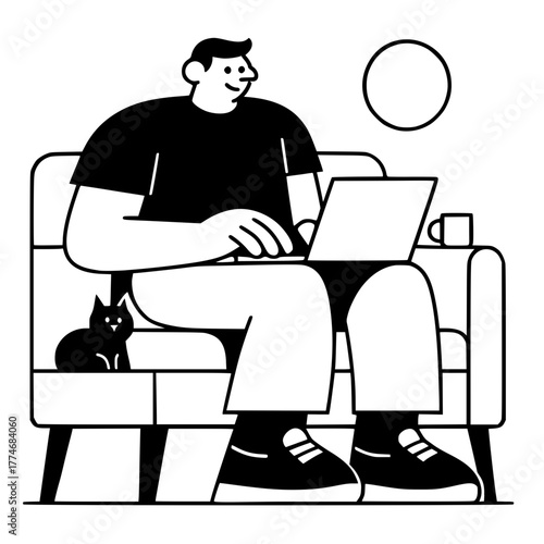 Man working on laptop at home with cat, modern illustration
