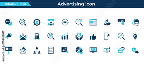 marketing and advertising icons, online campaign, analytics and seo optimization vector set