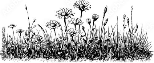 Vintage engraved meadow plants with grasses and daisies illustration for retro design