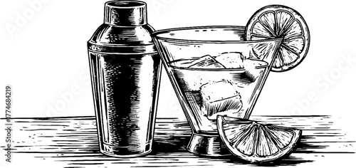 Vintage barware and cocktail scene with metal shaker and garnished glass