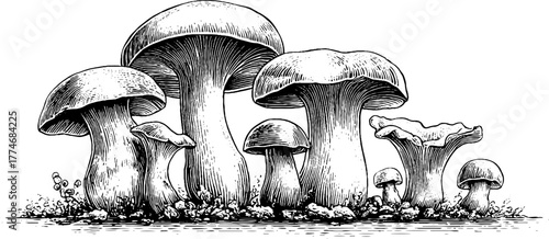 Vintage engraved composition of mushrooms featuring chanterelles for design and decoration