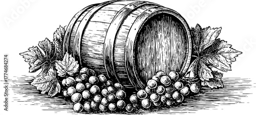 Vintage oak wine barrel with grapevine wreath engraving for design and decor