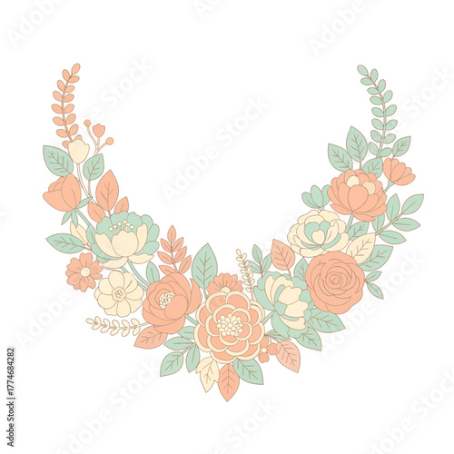 Delicate Pastel Floral Wreath Arrangement Vector Illustration
