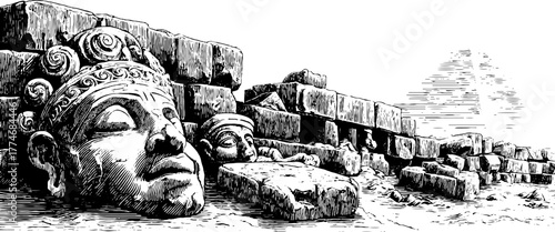 Ancient ruins and fallen statues engraving - vintage art for retro design