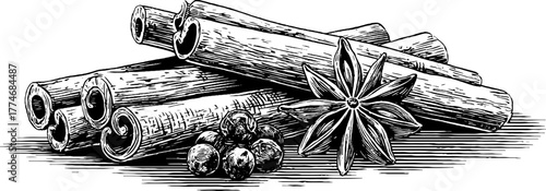 Vintage spice composition featuring cinnamon sticks and star anise for culinary design