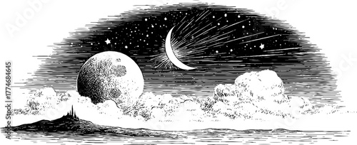 Celestial night sky with crescent moon and stars - vintage engraved design for prints and posters