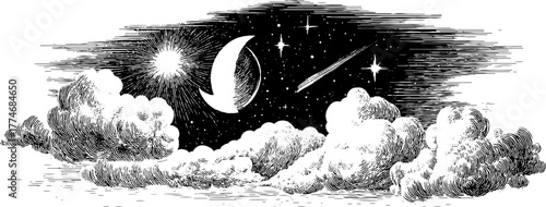 Enchanting night sky engraving with crescent moon, stars, and radiant clouds