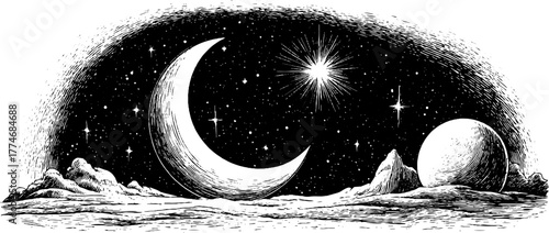 Vintage engraving of starry sky with crescent moon and radiant stars for retro design
