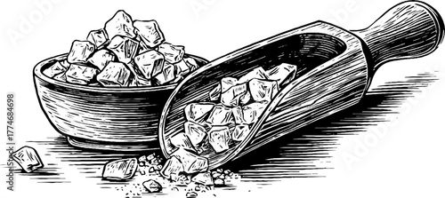 Vintage engraving of sugar crystals and wooden scoop for retro design and labels