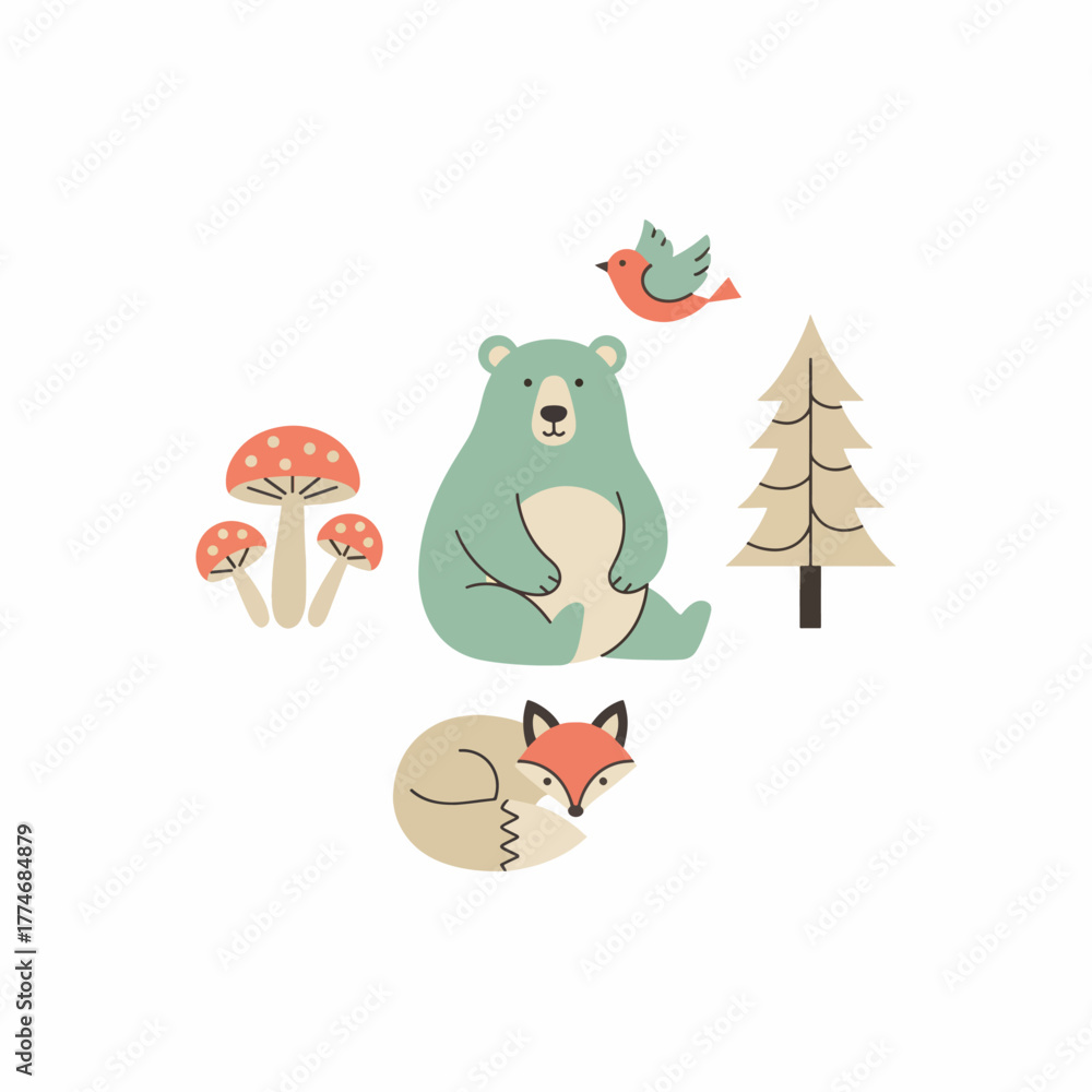 Fototapeta premium Cute Forest Animals and Nature Elements Illustration Set