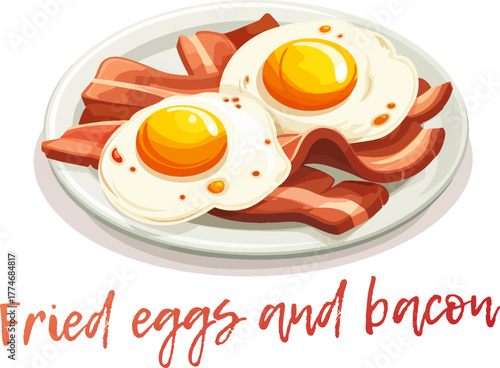 Vibrant vector illustration of gourmet breakfast of two perfectly fried eggs and crispy bacon strips, on a white plate isolated on white background. Cartoon icon of classic, satisfying meal