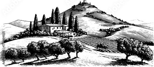 Engraved tuscan vineyard landscape with rolling hills and farmhouse