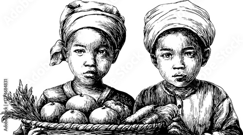 Charming vintage sketch of children with basket of vegetables for retro design