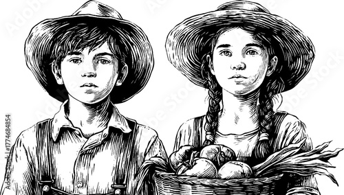 Children basket vegetables engraved vintage sketch hand drawn engraving illustration. Rustic farm harvest in classic retro style.
