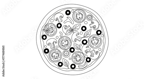 Vector illustration of top view of a drawn pizza with toppings