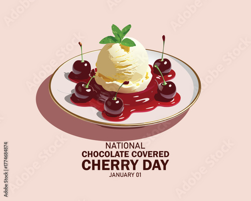 National Chocolate Covered Cherry Day vector. Cherry in chocolate icon vector. Chocolate Covered Cherry Day Poster, January 3.