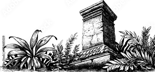 Vintage engraved scene with palm leaves and ancient column for retro design