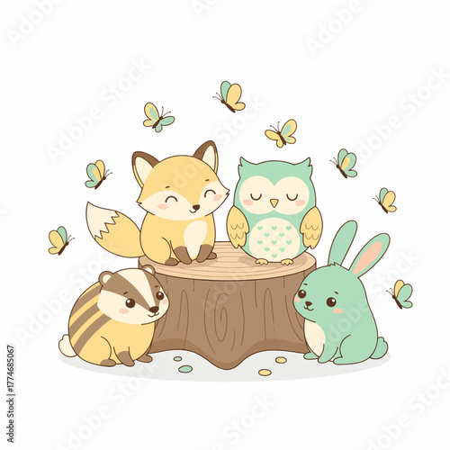 Cute Forest Friends Sitting Together Under Flying Butterflies