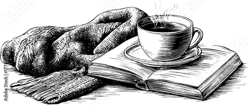 Cozy still life with tea, book, and knitted blanket – perfect for relaxation themes