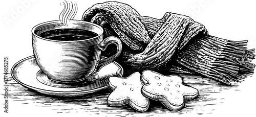 Cozy winter scene with cup of cocoa, cookies, and warm scarf in vintage style for holiday design