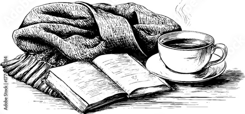 Cozy still life with tea, book, and knitted blanket - vintage hand drawn scene
