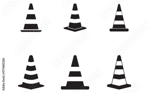 Traffic Cone Collection Black and White Vector Illustration Signifying Road Safety and Construction Zones requiring Attention and Awareness