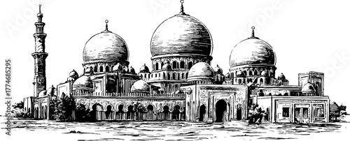 Intricate architectural arabesque design with domes and minaret
