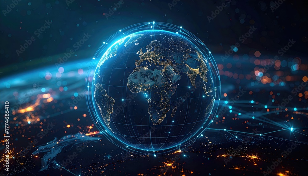 Obraz premium Global Digital Network Connecting Earth Technology and Data.