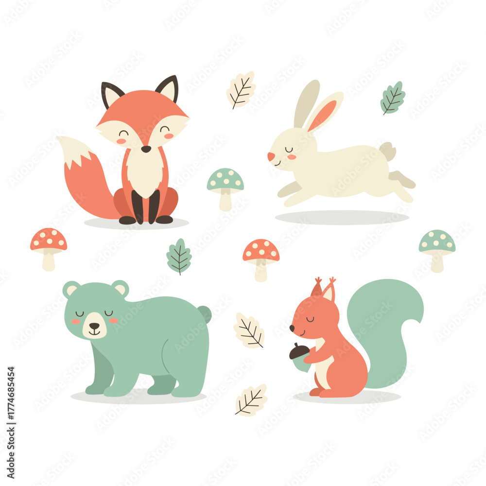 Naklejka premium Cute woodland animals fox bear rabbit squirrel graphics