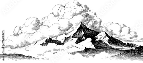 Vintage mountain landscape with clouds in engraved style for retro design elements