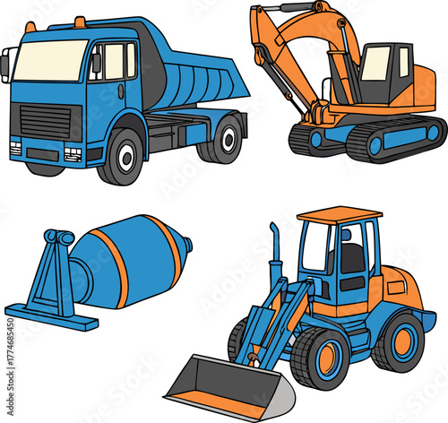 Isometric vector illustration of construction vehicles, featuring Double Drum roller, tractor, excavator, bulldozer, quarry backhoe, and heavy machinery, isolated cartoon design, perfect for industria