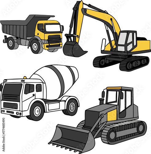 Vector illustration of construction vehicles, including Double Drum roller, tractor, excavator, bulldozer, quarry backhoe, and heavy machinery, isometric style, isolated cartoon design.