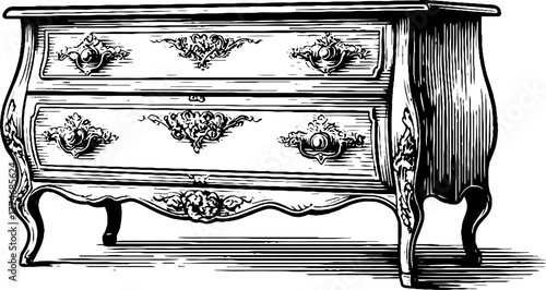 Vintage decorative chest of drawers with curved legs and floral engravings - retro design for interiors