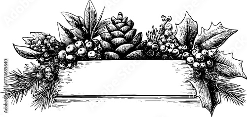 Vintage christmas frame with pine branches and cones for holiday design